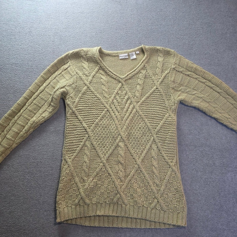 Newport News Cable Knit Sweater Womens M Green Ramie Wool Blend V Neck Classic